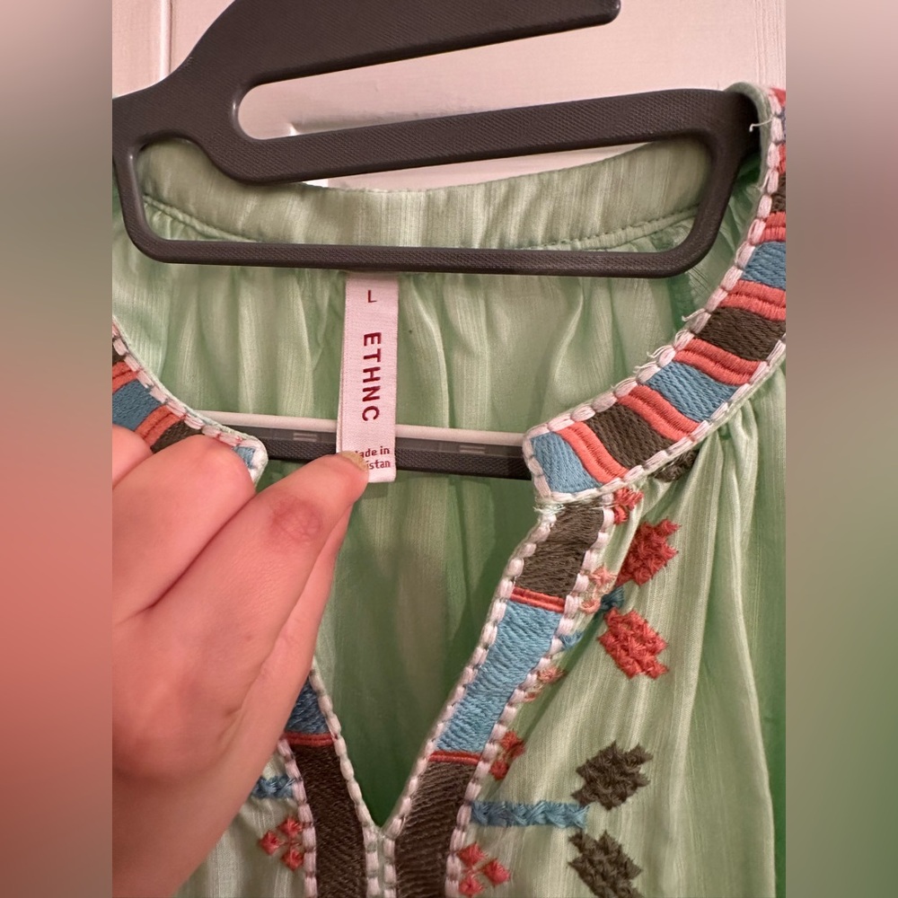 Ethnic Boho Chic Embroidered Maxi Dress | Green Floral Folk Aesthetic Size L - Picture 8 of 9